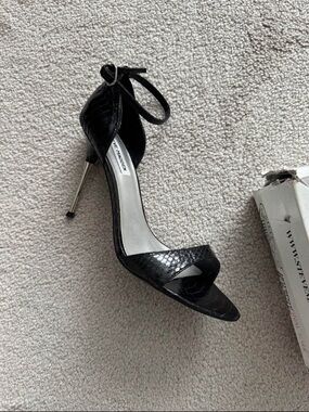 Steve Madden Black Snake-Embossed Ankle-Strap Stiletto Sandals with Silver Heel